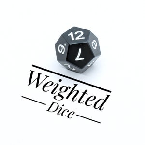 May include: A black, twelve-sided die with white numbering. The die is labeled with the text "Weighted Dice" in a stylized font. The die is set against a white background.