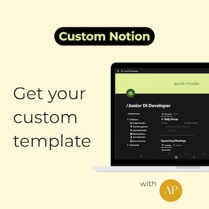 Könnte beinhalten: Ein Laptop-Bildschirm zeigt einen Notion-Arbeitsbereich mit dem Titel "Junior DI Developer". Der Arbeitsbereich ist in Abschnitte für Datenbanken, Aufgaben, Lernen, Teammitglieder und Schnelllinks unterteilt. Der Bildschirm zeigt auch einen Kalender mit bevorstehenden Meetings. Der Text "Arbeitsmodus." wird in der oberen rechten Ecke des Bildschirms angezeigt.
