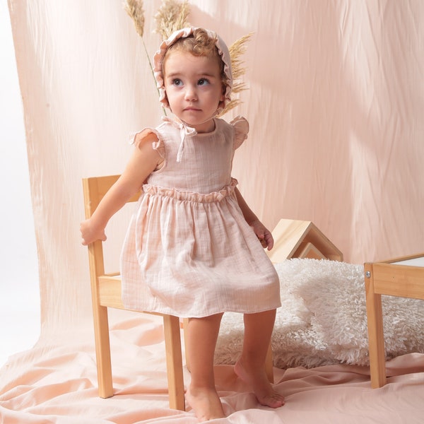 Girls Muslin, Short Sleeve Dress blush ,with ruffles,pale pink dress, girl dress, cotton dress, toddler dress, muslin dress