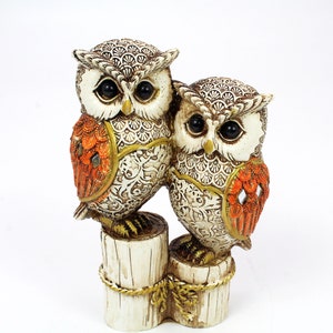 Owl Figurine Couple Collectible Miniature Home Decor Beige Statue Shelf sitter Ornament Bird Sculpture Animal Gift For Mom