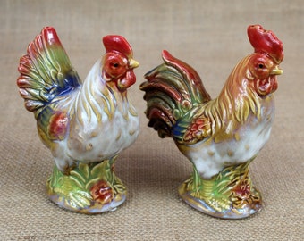 Chicken Figurine Set Farm Statue Rooster Porcelain Chicks Beige /Red Farmhouse Hen Country  DecorationHandmade Gift Hand Painted  Vintage
