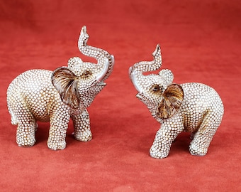 Elephant Figurines Set Sculpture Miniature Pair Hand Made Statue Lucky Beige Animal Feng Shuai Trunk Up Home Décor Art Wealth Decorative