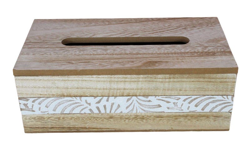 May include: A rectangular wooden tissue box cover featuring a natural light brown wood grain finish on the top and bottom sections, with a central horizontal band displaying a white repeating leaf or fan-shaped pattern across the front face.