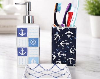 Ceramic Bathroom Accessory Set: Sailor Decor Soap Dispenser, Toothbrush Holder