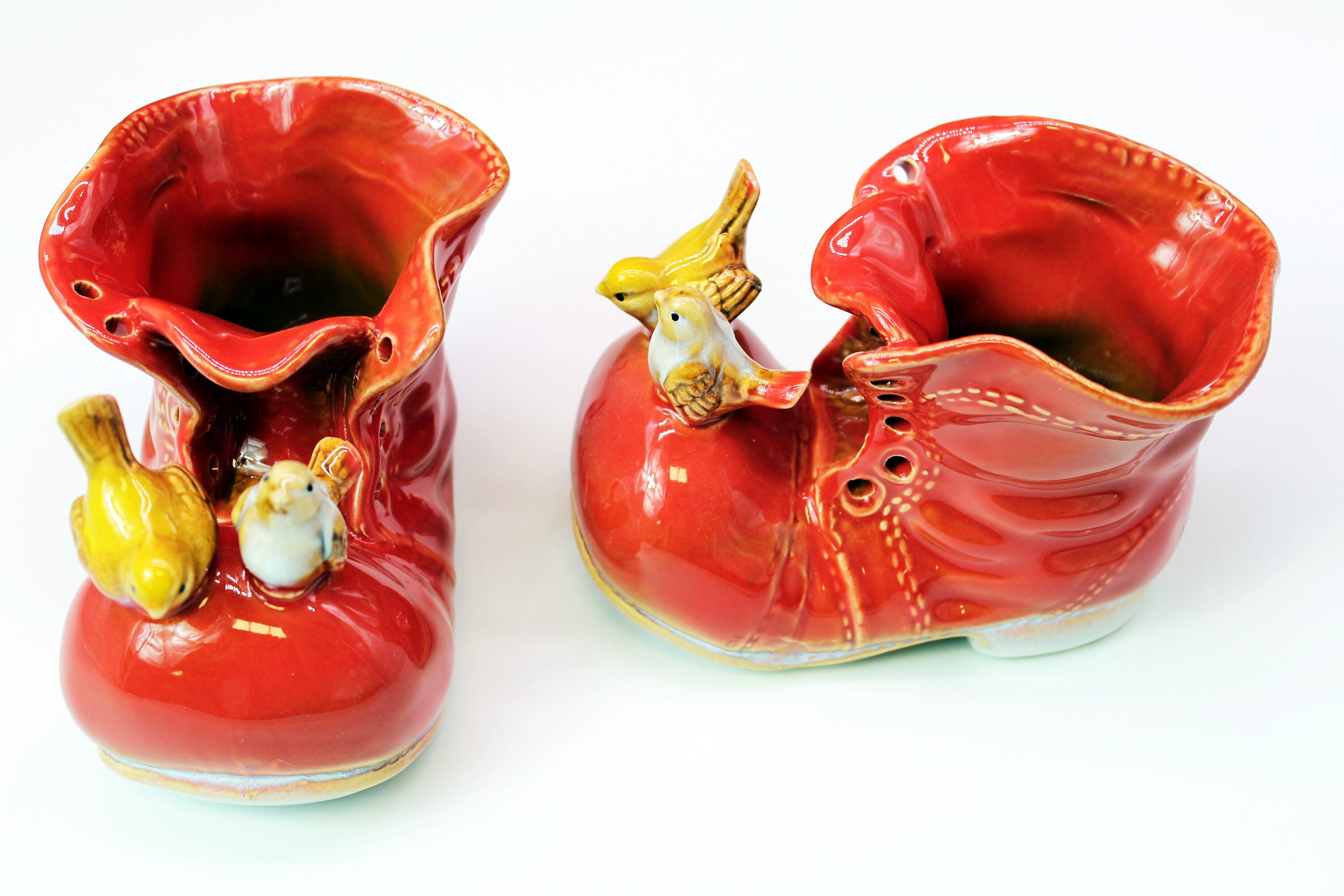 Planter Pair Ceramic Pot Flower Shoe Home Decor Red Garden Etsy