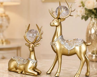 Juego de estatuas de reno dorado: decoración navideña para mesa, hogar, estantería, con bola de cristal, arte decorativo vintage de resina.