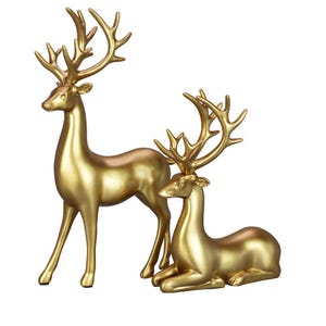 Deer Statue Set Gold Christmas Decor Reindeer Table Decor Decorations Pair Couples, Vintage Doe Creatures Family Antlers Animal Lovers Gift