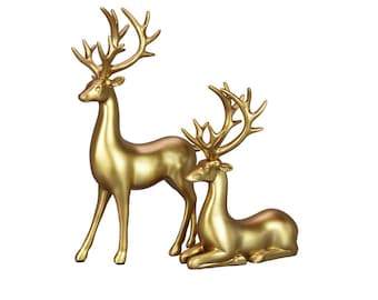 Deer Statue Set Gold Christmas Decor Reindeer Table Decor Decorations Pair Couples, Vintage Doe Creatures Family Antlers Animal Lovers Gift