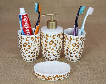 Ceramic Bathroom Accessory Set Liquid handwash Soap Dispenser /Toothbrush holder and Soap Dish Bath 4 White Gold Leopard Painting Gift Cups