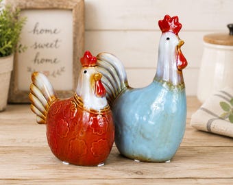 Juego de figuras de gallinas de cerámica hechas a mano: Decoración de gallo de granja