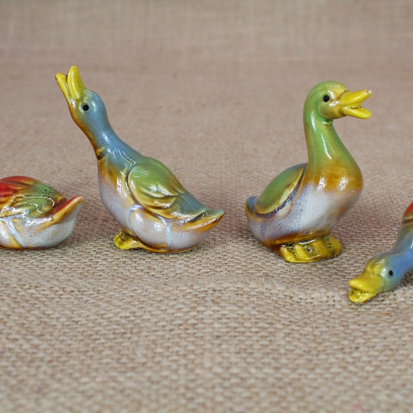 Duck Figurine Set of 4 Ceramic Vintage Handmade Shelf Home Decoration Ceramic Miniature Decorative Collection Ducks  Handmade Gift
