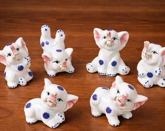 Porcelain Elephant Figurines: White Home Decor, Set of 6 Miniature Vintage Trunk Up Hand-Painted Elephants Family