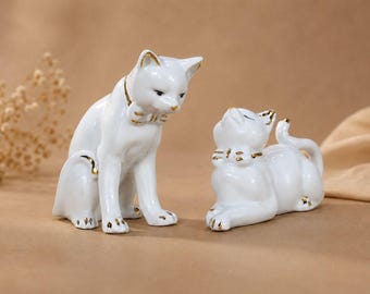 Porcelain White Cat Figurines Set Elegant Glossy Decorative Cats Home Decor Gift