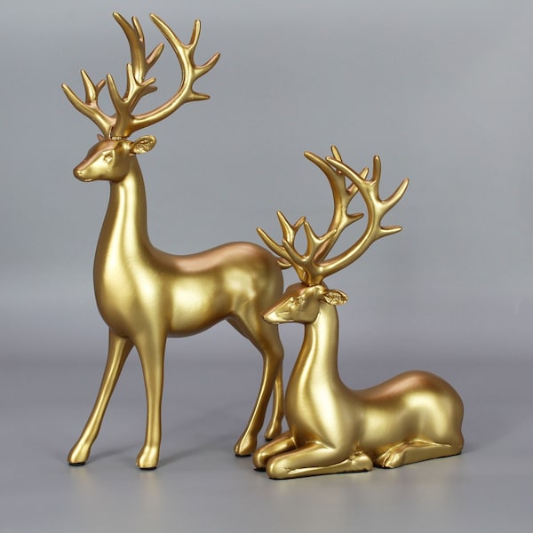 Deer Statue Set Gold Christmas Decor Reindeer Table Decor Decorations Pair Couples, Vintage Doe Creatures Family Antlers Animal Lovers Gift