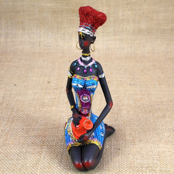 African Black Statue Traditional Outfit Lady Figurine Tribal Colorful Home Decor Sculpture  Woman Statue Resin Craft Decoration Gift Idea