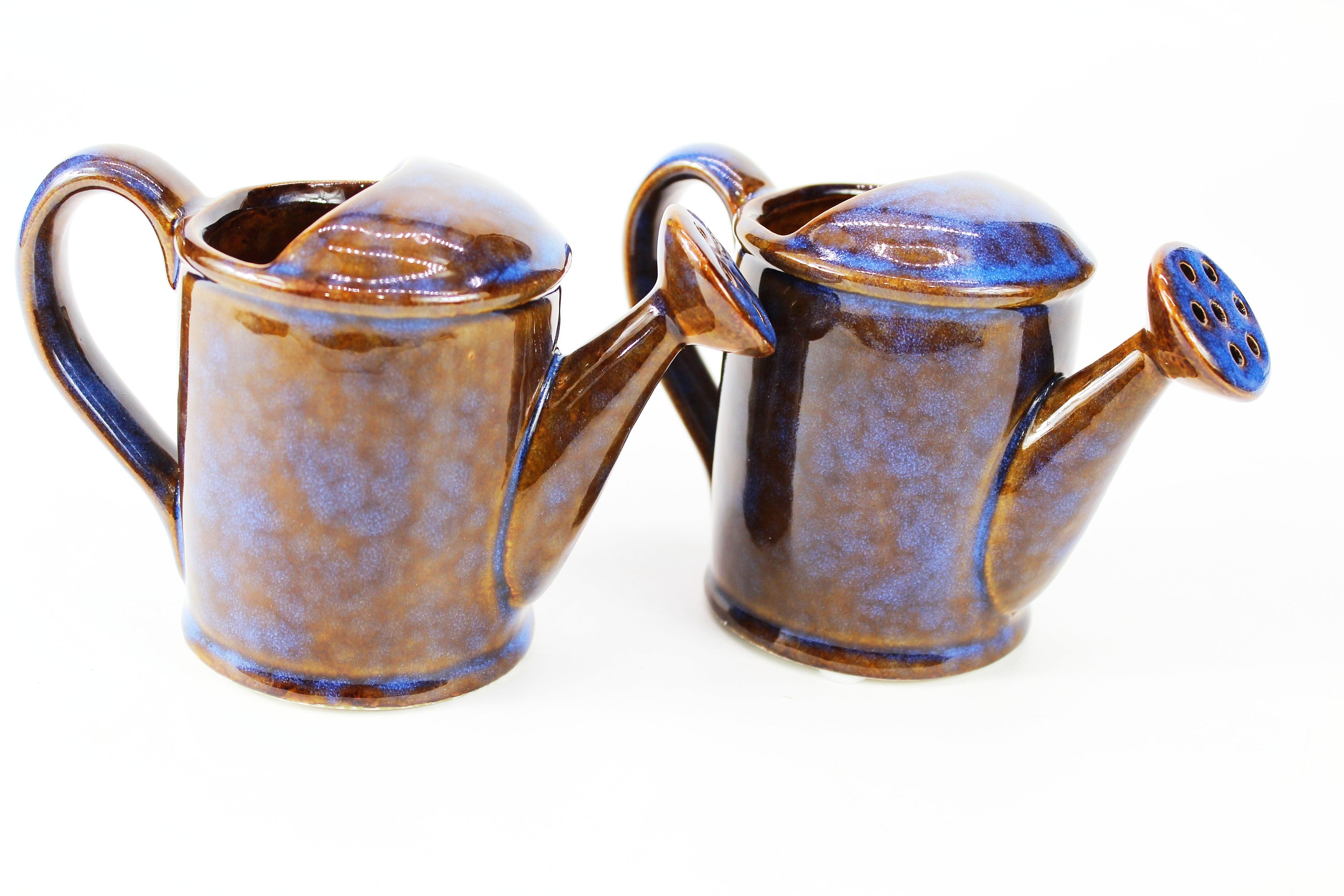 Watering Can Pair Brown Blue Ceramic Decorative Home Decor Etsy