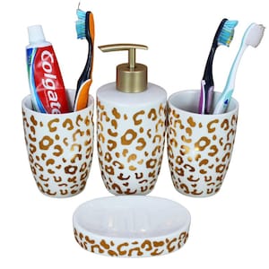 Ceramic Bathroom Accessory Set Liquid handwash Soap Dispenser /Toothbrush holder and Soap Dish Bath 4 White Gold Leopard Painting Gift Cups