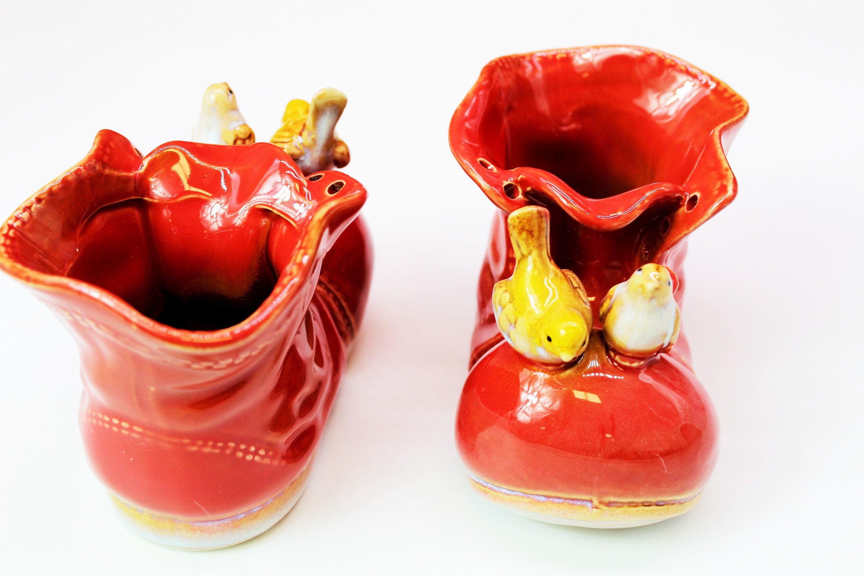 Planter Pair Ceramic Pot Flower Shoe Home Decor Red Garden Etsy