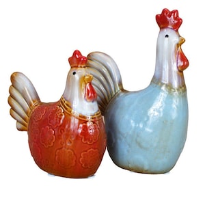 Chicken Figurine Set Farm Statue Rooste Farm Blue /Red Ceramic Farmhouse Hen Handmade Gift Hand Painted Vintage Country Decoration