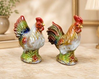 Chicken Figurine Set Farm Statue Rooster Porcelain Chicks Beige /Red Farmhouse Hen Country Decoration Handmade Gift Hand Painted  Vintage