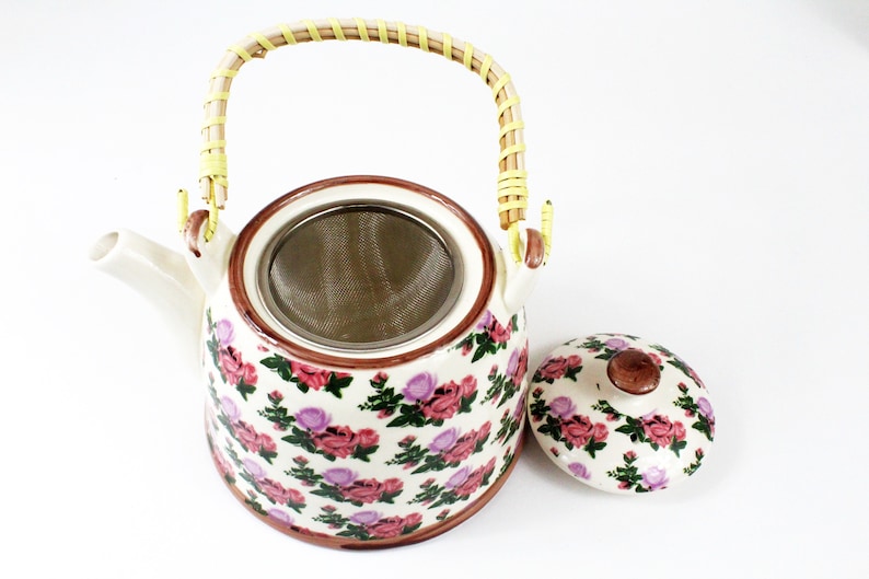 Porcelain Teapot Rustic Floral Hand Painted Miniature Roses And Vintage Style Kitchen Decor kettle Home Decor