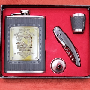 Flask Set Stainless Steel With 8 OZ Flask /Bottle Opener/Knife/ Shot Glass/Funnel Black Leather Look Cover Groomsmen Best Man Gifts Set Box