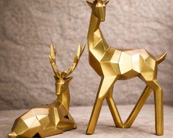 Juego de estatuas de ciervo, reno dorado: decoración navideña para mesa, hogar, estantería, arte decorativo vintage de resina, obra de arte moderna, asta.