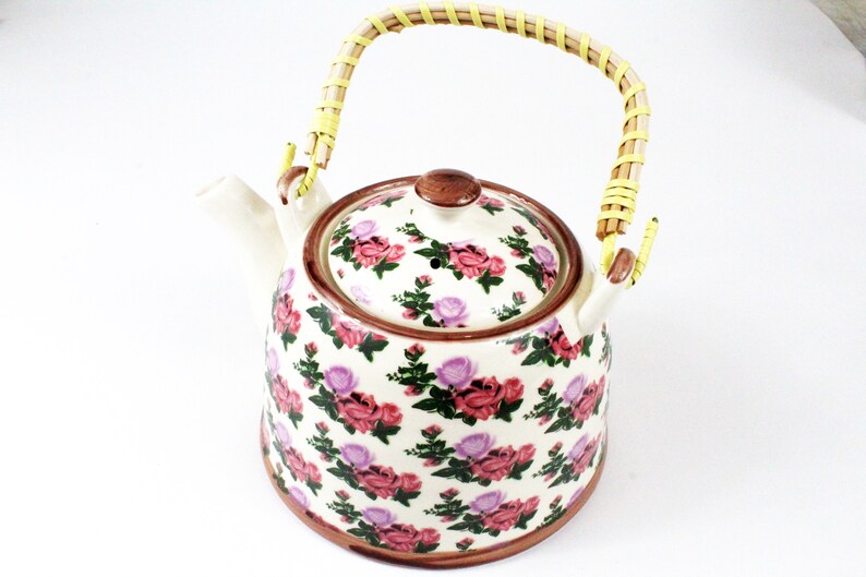 Porcelain Teapot Rustic Floral Hand Painted Miniature Roses And Vintage Style Kitchen Decor kettle Home Decor