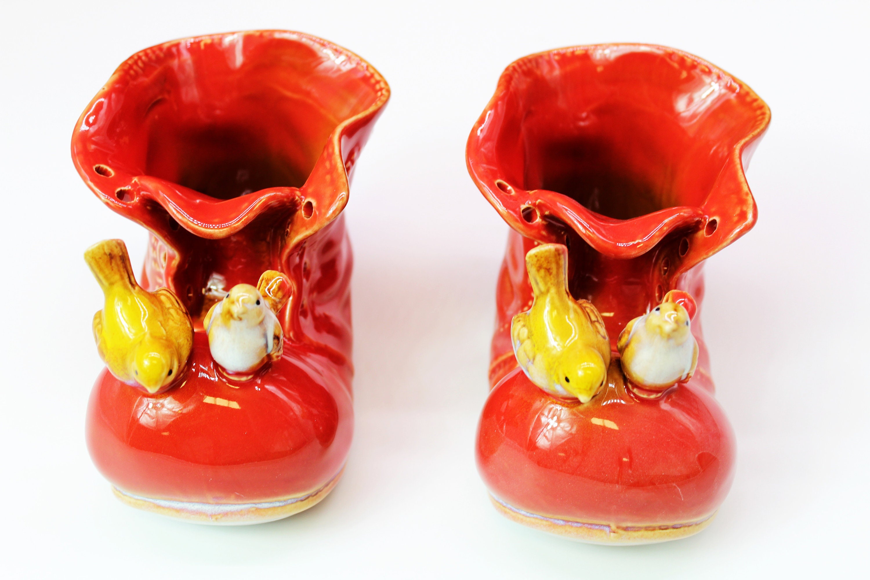 Planter Pair Ceramic Pot Flower Shoe Home Decor Red Garden Etsy