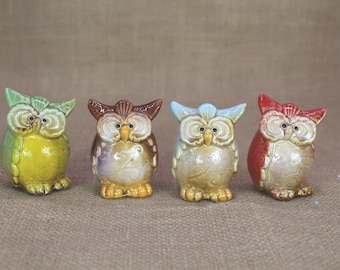 陶器製フクロウの置物3体セット | 素朴なブルーとテラコッタのフクロウ