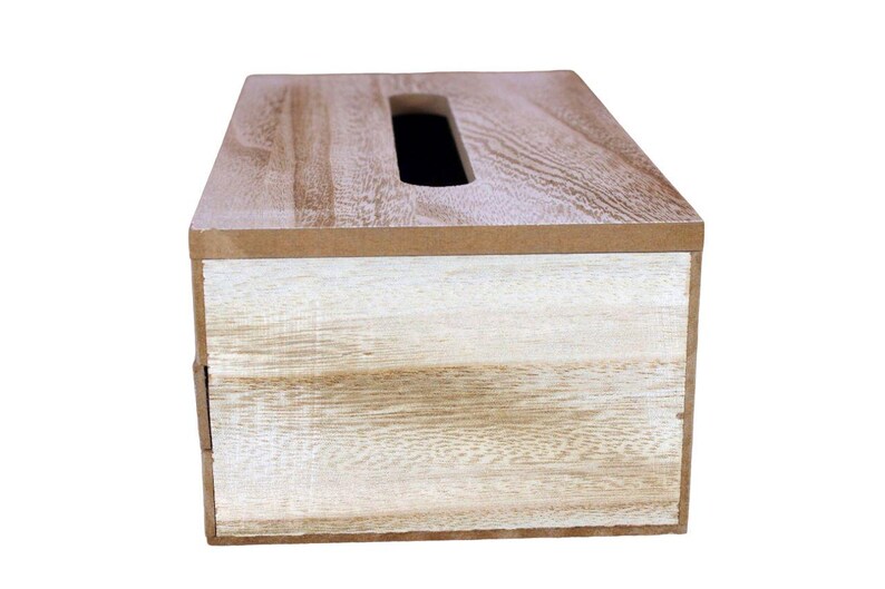 May include: A rectangular tissue box cover featuring a natural wood grain top surface with a central elongated opening and a front panel finished in a distressed white wash over a light brown wood texture, showcasing visible horizontal wood grain patterns.