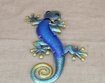 Gecko Lizard Sculpture Statue Wall Art Reptile Figurine Blue Metal Sculpture Iguana Chameleon Collectible Home Décor Animal Gift Garden Art