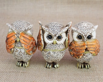 Owl Figurine Set of 3 Wise Statue See Hear & Speak No Evil Sculpture Vintage Style Decoration Owl Figurines Retro Collection