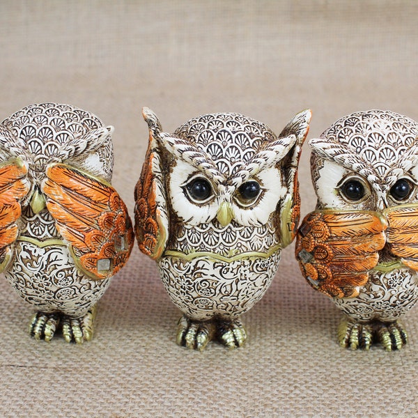 Owl Figurine Set of 3 Wise Statue See Hear & Speak No Evil Sculpture Vintage Style Decoration Owl Figurines Retro Collection