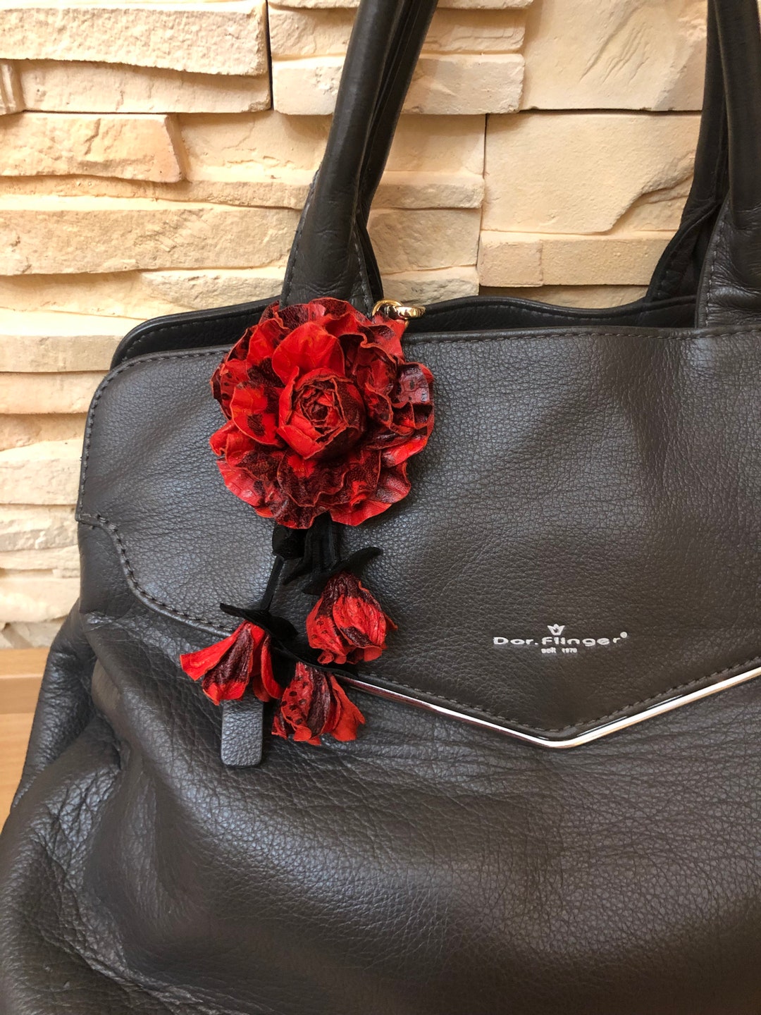 Red and Black Bag Charm , Handmade Red and Black Rose Bag Pendant, Bags