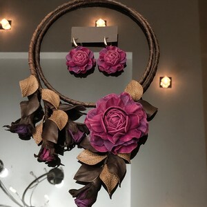 Purple Rose Necklace With Dark Brown And Taupe Leaves, Unique Piece Of Jewellry