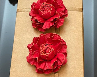 Red Rose Flower Shoe Clips, Genuine Leather Flower Shoe Clips, Shoe Decorations