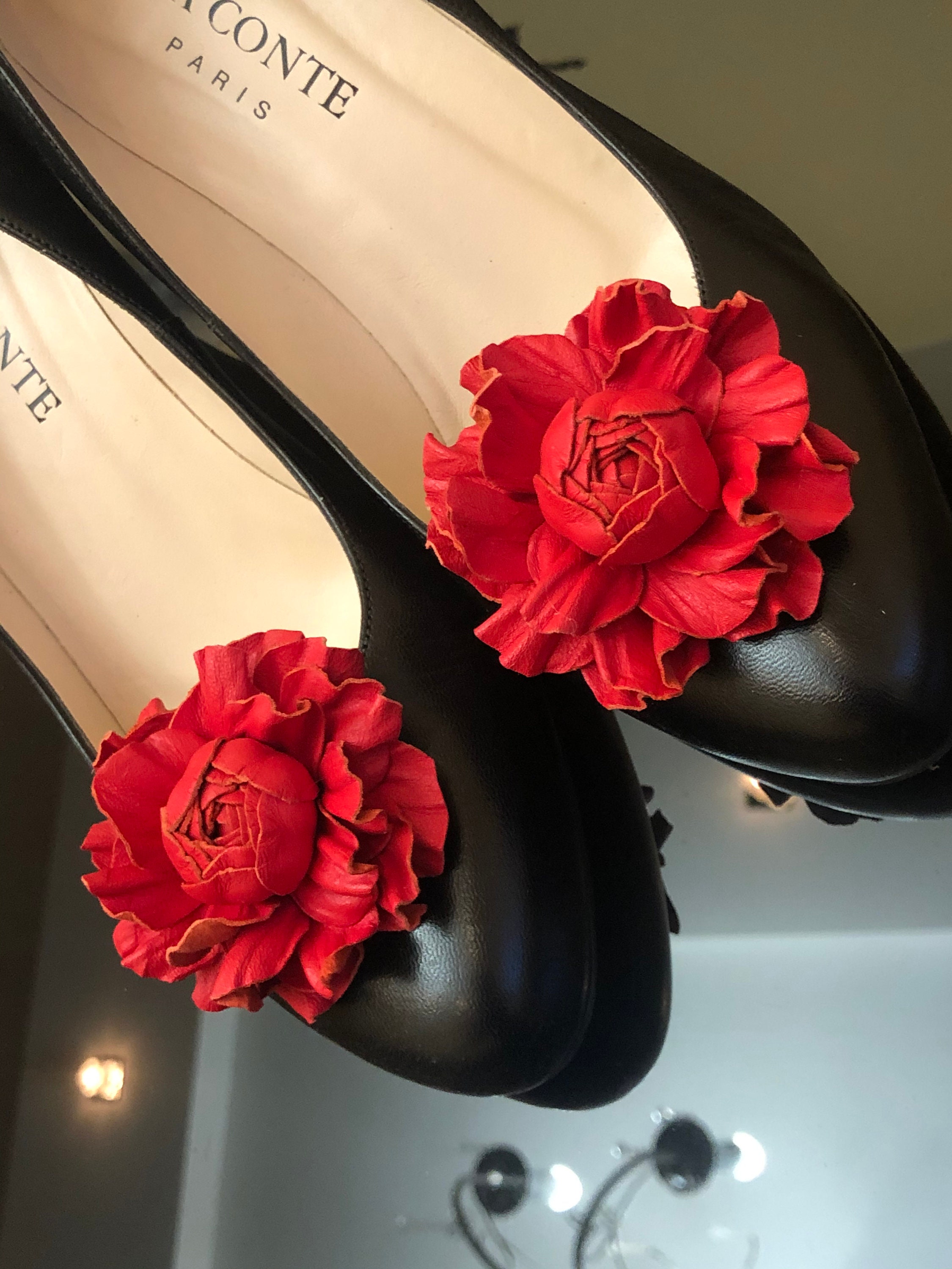 Red Rose Flower Shoe Clips Red Leather Flower Shoe Clips Etsy UK