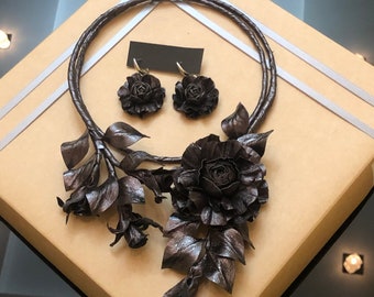 Jet Black Metallic Necklace And Earrings