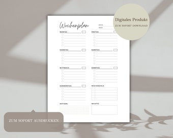 May include: A printable weekly planner in black and white with sections for each day of the week, including Monday, Tuesday, Wednesday, Thursday, Friday, Saturday, and Sunday. There are also sections for weekly goals, notes, and important items. The text "Wochenplan" is at the top of the page, which is German for "weekly planner". The text "Digitales Produkt" is at the top right corner of the page, which is German for "digital product". The text "ZUM SOFORT DOWNLOAD" is below "Digitales Produkt", which is German for "download immediately". The text "ZUM SOFORT AUSDRUCKEN" is at the bottom left corner of the page, which is German for "print immediately".