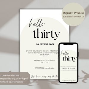 Geburtstag Einladung | Hello Thirty | Ausdrucken oder digital Versenden | Personalisiert | digitale Einladungskarte | Birthday | Karten