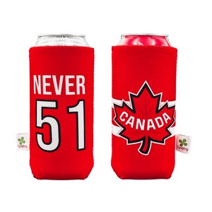 May include: Red drinks can cooler with the text "NEVER 51" in white on one side. The other side features a white maple leaf with the word "CANADA" inside. A small green and white tag is attached.