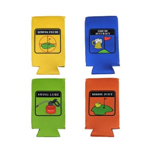 Juego de 4 fundas para enfriadores de latas, temática de golfista, jugo de pájaro, líquido para apuntar, precisión líquida, lubricante para swing, opciones de 16 oz o 12 oz