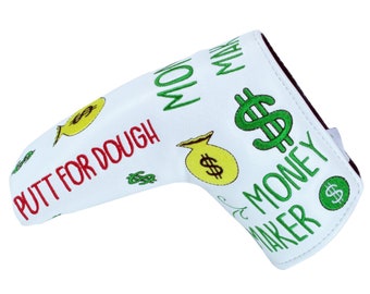 Putt for Dough - Blade Putter Headcover - Money Maker White , Magnetic Closure