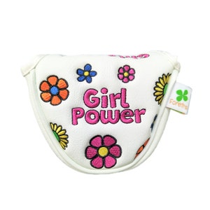 May include: White golf club head cover with a pink, yellow, blue, and orange flower design. The text "Girl Power" is embroidered in pink on the cover. The Forextra logo is in the lower right corner.