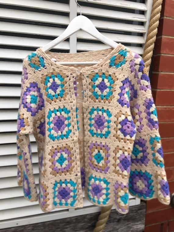 Knitted 1970’s vintage granny square button up car