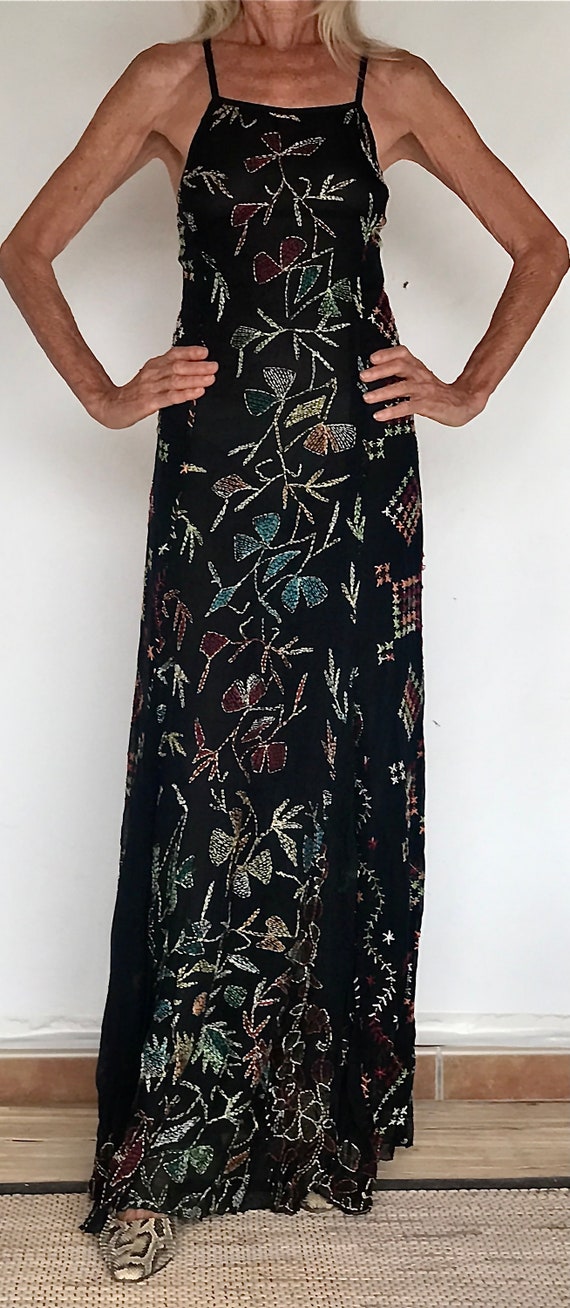 Vintage, Hand embroidered long  pure silk dress by