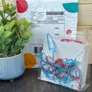 Pu&ograve; includere: Una scatola bianca avvolta in plastica trasparente con carta crespa rossa e blu. Una piccola pianta in vaso e un pacco postale con un'etichetta USPS sono sullo sfondo. L'etichetta di spedizione include la data 20/07/2022.