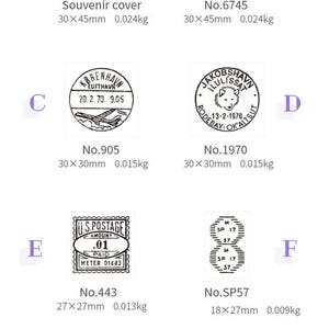 May include: Collection of eight rubber stamps with various designs. Includes a souvenir cover, immigration pass, postage stamps, and other circular and rectangular designs. Measurements are in millimeters and weight in kilograms.