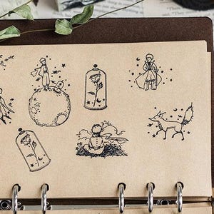 Collection de timbres Le Petit Prince | Icône de timbre de conte de fées | Sceau en caoutchouc pour tampon en bois | Tampon Petite rose | Tampon Renard Tampon Petit Prince B612